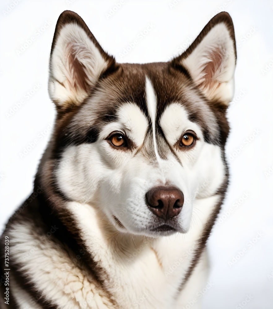  A siberian-husky-dog with brown eyes standing against a white background