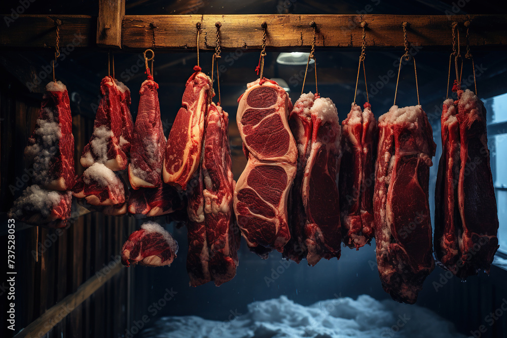 Pieces of fresh meat are suspended on a rope. Generated by artificial intelligence