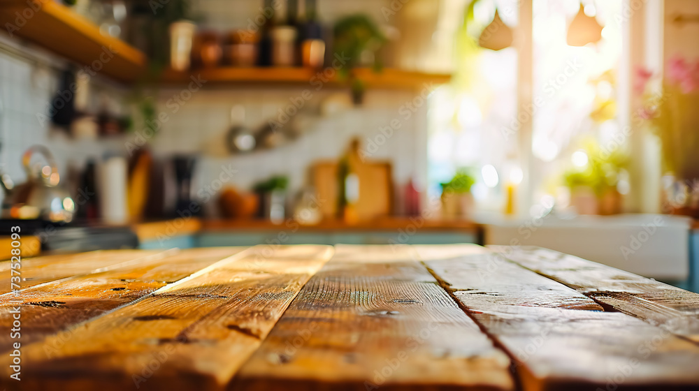 Empty beautiful wood table and blur bokeh modern kitchen interior background in clean and bright. Empty beautiful wood table and blur bokeh modern kitchen interior background in clean and bright.