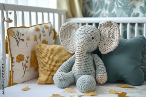 Cute handmade crochet elephant toy with crib decor and pillows