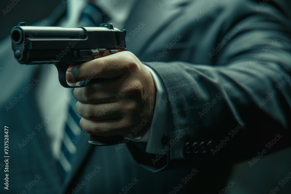 Close up of suited man with firearm Close up of suited man with firearm