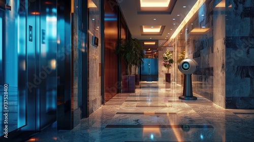 A CCTV camera positioned in front of an elevator within a building