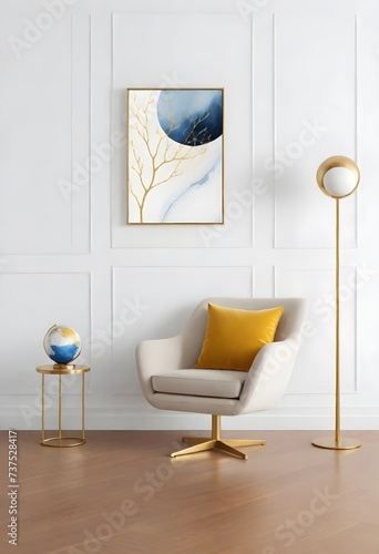 An interior design setup with a beige armchair with a yellow cushion, a small side table with a gold frame and a white top, a decorative vase with branches , a floor lamp with a gold stand