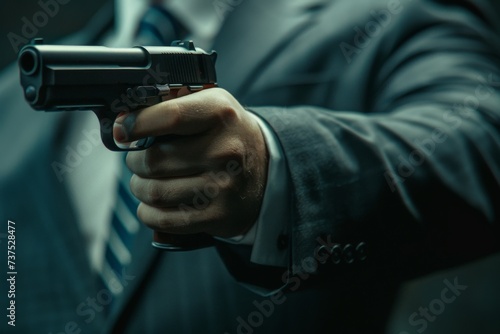 Close up of suited man with firearm