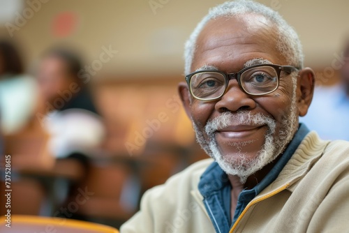 Elderly African American man attending lecture hall and smiling at camera