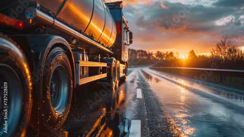 A fuel tanker truck on a wet highway gleaming at sunset, capturing the essence of long-haul transportation.