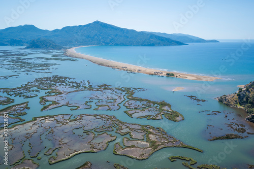Fototapeta Naklejka Na Ścianę i Meble -  mugla dalaman lake dalyanlar and iztuzu beach opening to the sea at the end shots from above