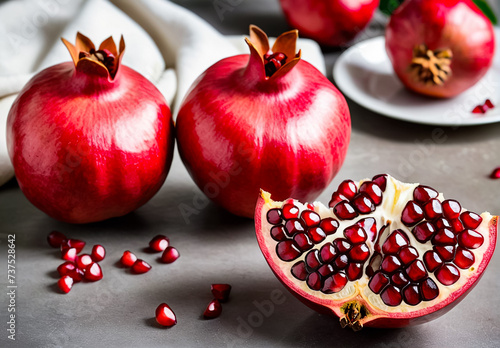 The pomegranate is ripe and fresh. Cut pomegranate on the kitchen table. Generative AI