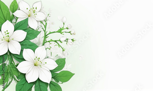 White flowers with green leaves on a white background with space for text_4