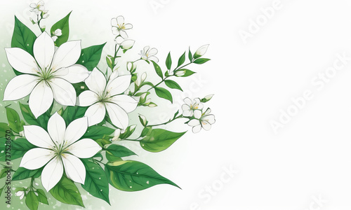 White flowers with green leaves on a white background with space for text_3