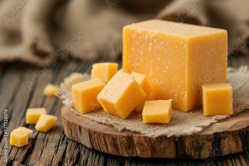 Focused cheddar cheese on rustic wood background