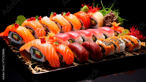 A diverse sushi selection on a black stone platter, highlighted by green garnish, merges aesthetic appeal with culinary finesse, offering a feast for the senses.