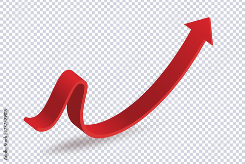 Abstract Curved Red Arrow. Market movements creative concept charts, infographics. Red curve arrow with shadow on transparent. Trading stock news impulses. Realistic 3d vector design of trend