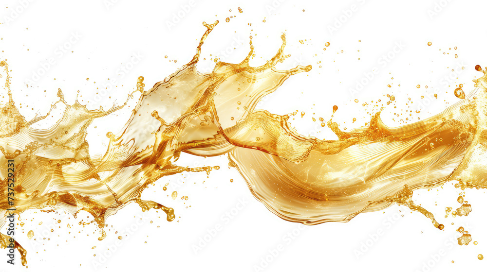 Dynamic splash of golden liquid in mid-air, creating an elegant and fluid motion on a white background. Dynamic splash of golden liquid in mid-air, creating an elegant and fluid motion on a white background.