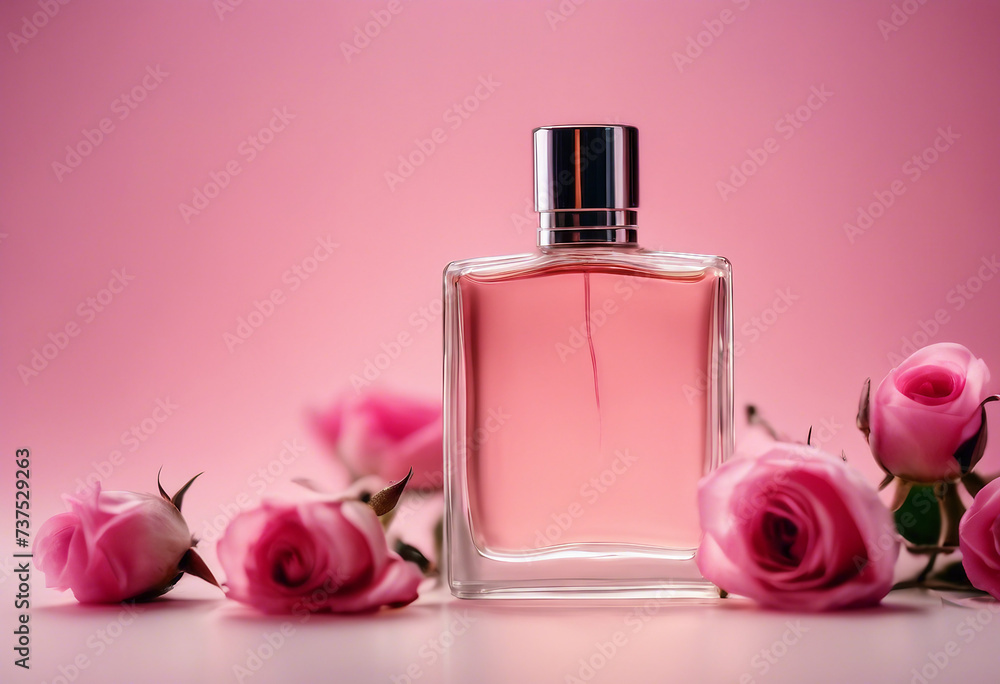 Empty bottle of perfume and flower arrangement of rosebuds on pink background Aroma scent wellness concept Empty bottle of perfume and flower arrangement of rosebuds on pink background Aroma scent wellness concept