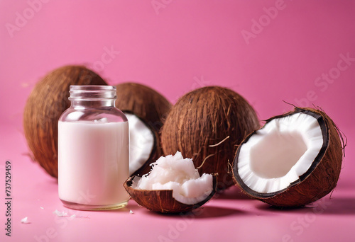 Coconut oil and halves of fresh coconut on a pink background Hair care spa concept Coconuts and organic coconut oil in a glass jar for hair treatmant photo