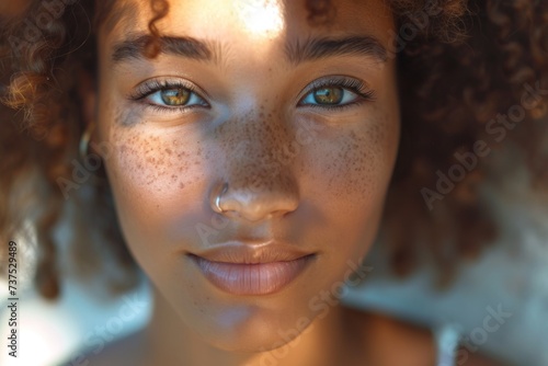 Close up of flawless and natural makeup on young woman with positive expression