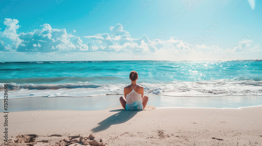 A serene individual meditating on a sun-drenched beach with the tranquil ocean horizon in view. A serene individual meditating on a sun-drenched beach with the tranquil ocean horizon in view.