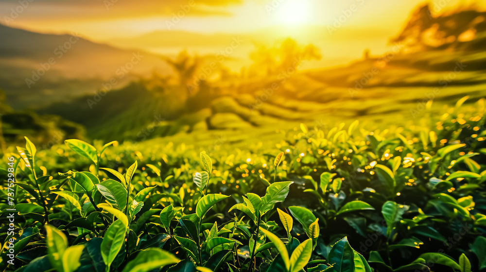 Green tea plantation at sunrise time, nature background. Green tea plantation at sunrise time, nature background.