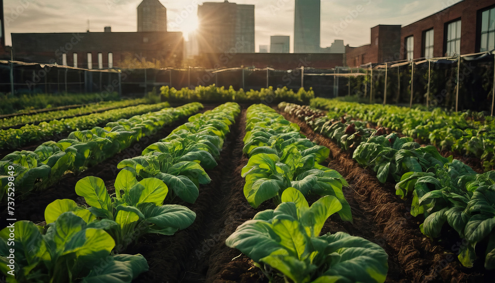 Sunset illuminates a rooftop garden with bok choy rows, highlighting alternative farming within urban landscapes, a testament to innovation in sustainability. - obrazy, fototapety, plakaty 