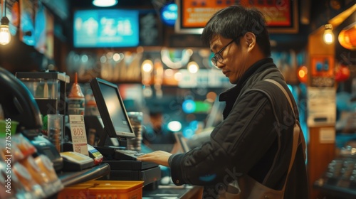 A man standing at a cash register in a store. Suitable for retail, shopping, and customer service concepts