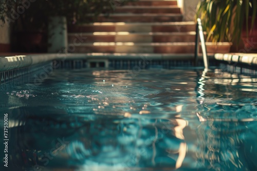A picture of a pool with steps leading up to it. This image can be used to depict a serene and inviting swimming pool