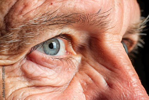 close-up macro shot of a ninety-year-old man with wrinkles close-up