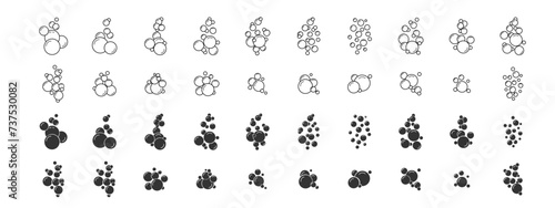 Set of flat linear icons with bubbles. Soap foam  fizzy drink  oxygen bubble Set of silhouette and linear vector icons for design  with editable strokes.