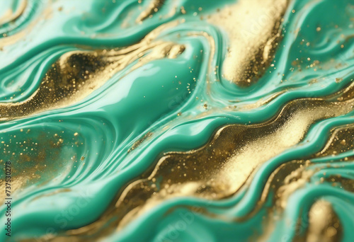 Diagonal mint green waves and gold particles Fluid Art Abstract marble background or texture