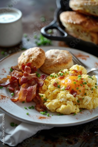 A delicious plate of eggs, biscuits, and bacon on a table. Perfect for showcasing a hearty breakfast or brunch. Ideal for food blogs, restaurant menus, and cooking websites