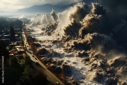 Colossal tsunami wave surges over a coastal area with mountains in background, threatening road and surrounding landscape under dramatic sunset sky