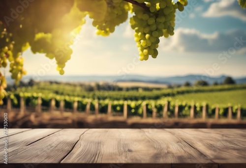 Empty wooden table with vineyard background Selective focus on tabletop for wine product presentation