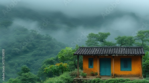 a yellow house with a blue door in the middle of a lush green forest with a mountain in the background.