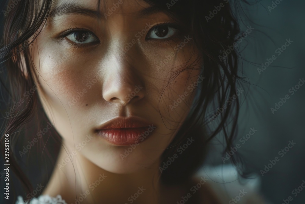 Close-up view of a woman's face featuring long flowing hair. Suitable for beauty and fashion-related projects Close-up view of a woman's face featuring long flowing hair. Suitable for beauty and fashion-related projects
