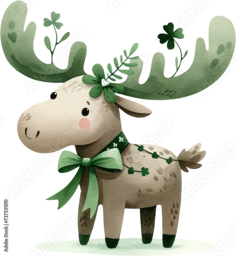 Moose Deer St Patricks Day Cute Safari Animals PNG Clipart Watercolor Nursery Decor Baby Shower Kids Invitation Art Prints Element photo