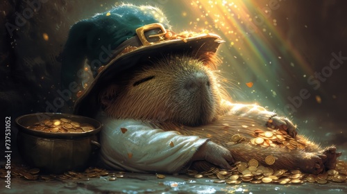 a painting of a guinea pig wearing a hat and holding a pot of gold coins while laying on a pile of gold coins. photo