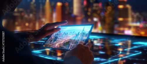 someone touches a tablet with a hologram of a building