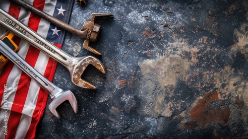 A collection of tools resting on top of an American flag. Perfect for patriotic themes and DIY projects
