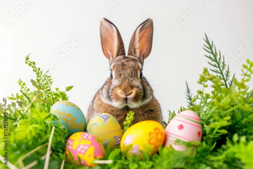 Happy Easter Eggs Basket orange crush. Bunny in flower easter Turquoise Breeze decoration Garden. Cute hare 3d picnics easter rabbit spring illustration. Holy week passover card wallpaper azalea