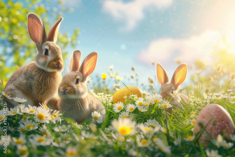 Two rabbits sitting in a field of colorful flowers. Perfect for nature and animal lovers