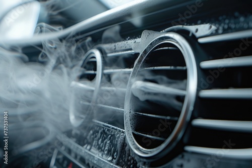 A close-up view of a car's grille with smoke billowing out. Perfect for illustrating car troubles or engine issues