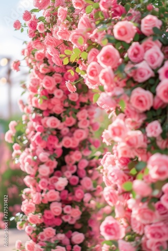 A beautiful bunch of pink roses growing on a wall. Perfect for adding a touch of nature and elegance to any project