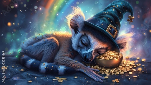 a painting of a racoon sleeping next to a pot of gold coins with a rainbow in the background. photo