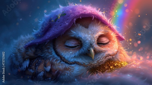 a painting of an owl with a purple hat on its head and eyes closed with a rainbow in the background.