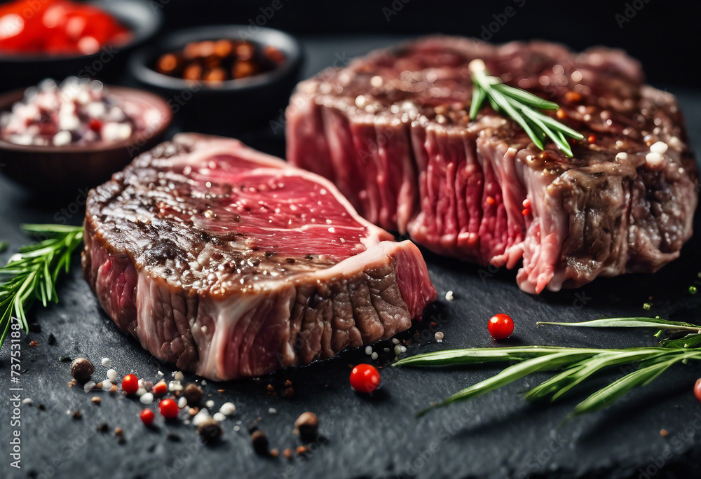 Medium rare steak double portion Fresh raw marbled beef rib eye steak herbs and spices on black stone background copy space Medium rare steak double portion Fresh raw marbled beef rib eye steak herbs and spices on black stone background copy space