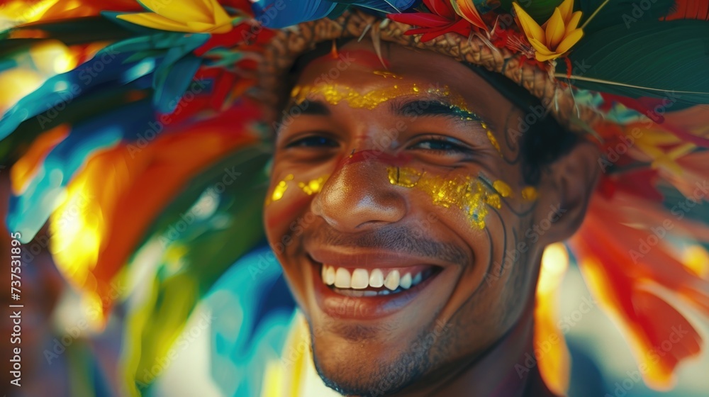 A man wearing a vibrant headdress adorned with feathers. Suitable for cultural events and indigenous-themed designs A man wearing a vibrant headdress adorned with feathers. Suitable for cultural events and indigenous-themed designs