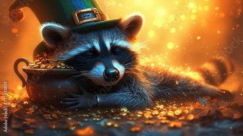 a raccoon in a lepreite hat laying on a pile of gold coins with its eyes closed.