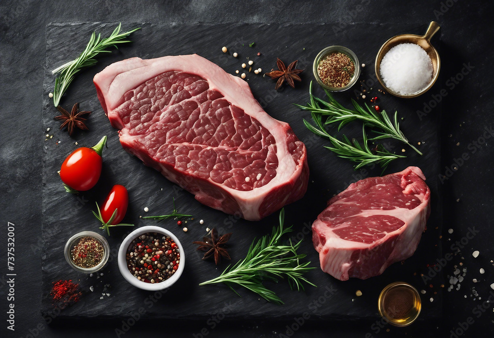 Fresh raw marbled beef rib eye steak herbs and spices on black stone background copy space