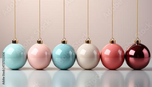 Christmas ornaments hanging in a row, vibrant colors bring joy generated by AI