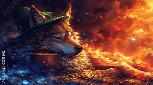 a painting of a wolf with a hat on it's head sitting in front of a pot of gold coins.